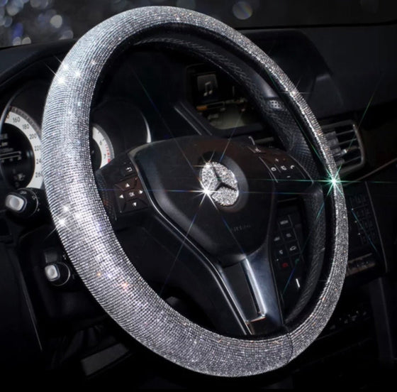 Sparkly 15 Inch Car Steering Wheel Covers Set, 7 Pack Crystal Rhinestone Car Accessories with Seat Belt Pad, Gear Shift Knob Cover, Ignition Button Ring, Shiny Car Coaster - Fashion Car Inc