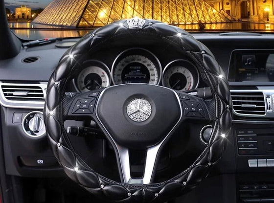 Steering Wheel Cover Girls Bling Diamond Rhinestones Microfiber Leather Universal Fit 15 Inch Anti-Slip Wheel Protector (Black-Crown) - Fashion Car Inc