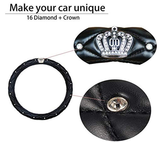 Steering Wheel Cover Girls Bling Diamond Rhinestones Microfiber Leather Universal Fit 15 Inch Anti-Slip Wheel Protector (Black-Crown) - Fashion Car Inc