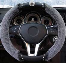  Steering Wheel Cover Winter Warm Soft Elastic Girly Grey Car Wheel Cover with Crystal Rhinestone Bling Crown - Fashion Car Inc