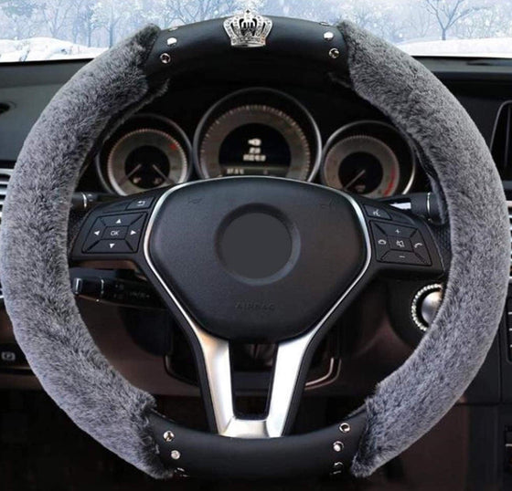 Steering Wheel Cover Winter Warm Soft Elastic Girly Grey Car Wheel Cover with Crystal Rhinestone Bling Crown - Fashion Car Inc