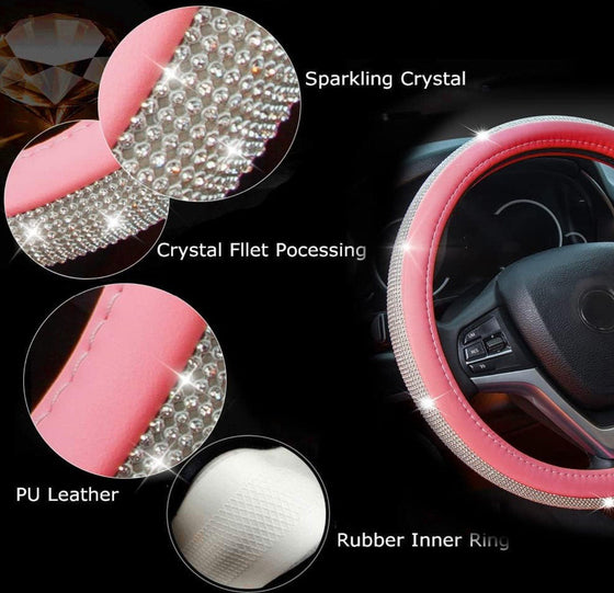 Steering Wheel Cover with Bling Bling Crystal Rhinestones, Universal Fit 15 Inch Car Wheel Protector for Women Girls (Copiar) - Fashion Car Inc