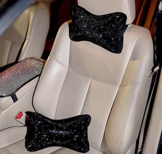 Ultra Bling Full Set All car. Seat Cover Front and Back, Steering Wheel Cover, 2 Seat Cover, 2 Pillow, License Plate Diamonds Ultra Rhinestone (Black) - Fashion Car Inc