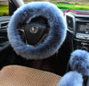 Winter Warm Faux Wool Steering Wheel Cover with Handbrake Cover & Gear Shift Cover for 14.96" X 14.96" Steeling Wheel in Diameter 1 Set 3 Pcs (Grey-Blue) - Fashion Car Inc