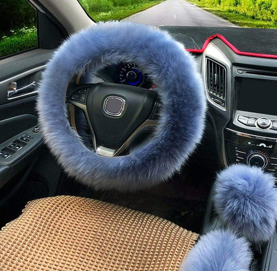 Winter Warm Faux Wool Steering Wheel Cover with Handbrake Cover & Gear Shift Cover for 14.96" X 14.96" Steeling Wheel in Diameter 1 Set 3 Pcs (Grey-Blue) - Fashion Car Inc