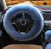 Winter Warm Faux Wool Steering Wheel Cover with Handbrake Cover & Gear Shift Cover for 14.96" X 14.96" Steeling Wheel in Diameter 1 Set 3 Pcs (Grey-Blue) - Fashion Car Inc