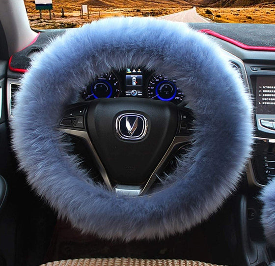 Winter Warm Faux Wool Steering Wheel Cover with Handbrake Cover & Gear Shift Cover for 14.96" X 14.96" Steeling Wheel in Diameter 1 Set 3 Pcs (Grey-Blue) - Fashion Car Inc