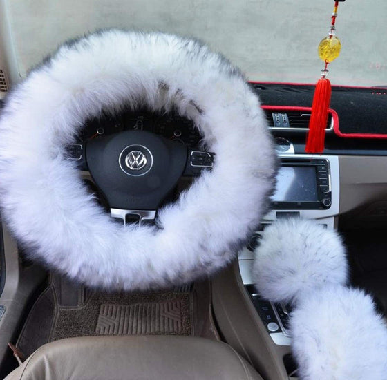 Winter Warm Faux Wool Steering Wheel Cover with Handbrake Cover & Gear Shift Cover for 14.96" X 14.96" Steeling Wheel in Diameter 1 Set 3 Pcs (White and Gray) - Fashion Car Inc