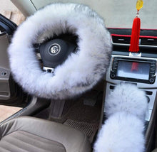  Winter Warm Faux Wool Steering Wheel Cover with Handbrake Cover & Gear Shift Cover for 14.96" X 14.96" Steeling Wheel in Diameter 1 Set 3 Pcs (White and Gray) - Fashion Car Inc