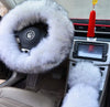 Winter Warm Faux Wool Steering Wheel Cover with Handbrake Cover & Gear Shift Cover for 14.96" X 14.96" Steeling Wheel in Diameter 1 Set 3 Pcs (White and Gray) - Fashion Car Inc