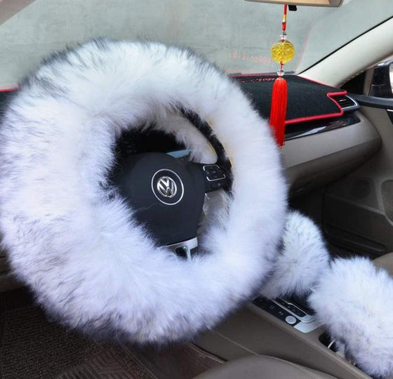 Winter Warm Faux Wool Steering Wheel Cover with Handbrake Cover & Gear Shift Cover for 14.96" X 14.96" Steeling Wheel in Diameter 1 Set 3 Pcs (White and Gray) - Fashion Car Inc